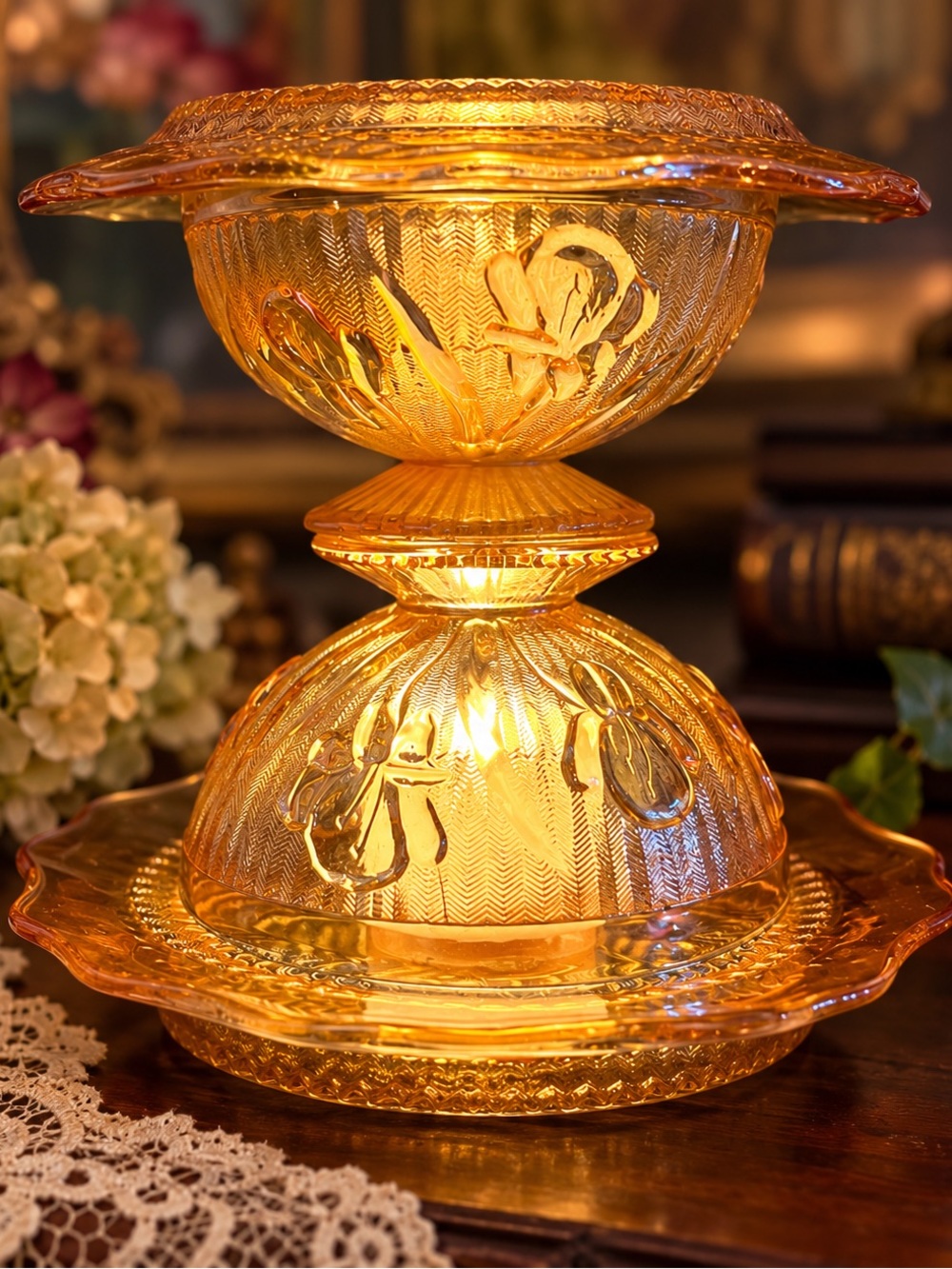 Vintage Jeannette Iris & Herringbone Marigold Carnival Glass Fairy Lamp Set